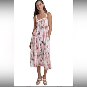 DKNY- printed paneled midi-dress w/pockets, 
Zipper on back, adjustable straps